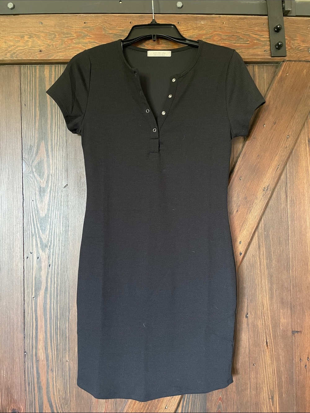 Active USA Black Snap-Front Ribbed Henley dress